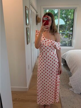One-Shoulder White Dress with Red Polka Dots